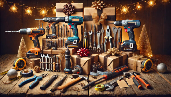 Christmas decorations and tools arranged on a wooden table with illuminated lights.